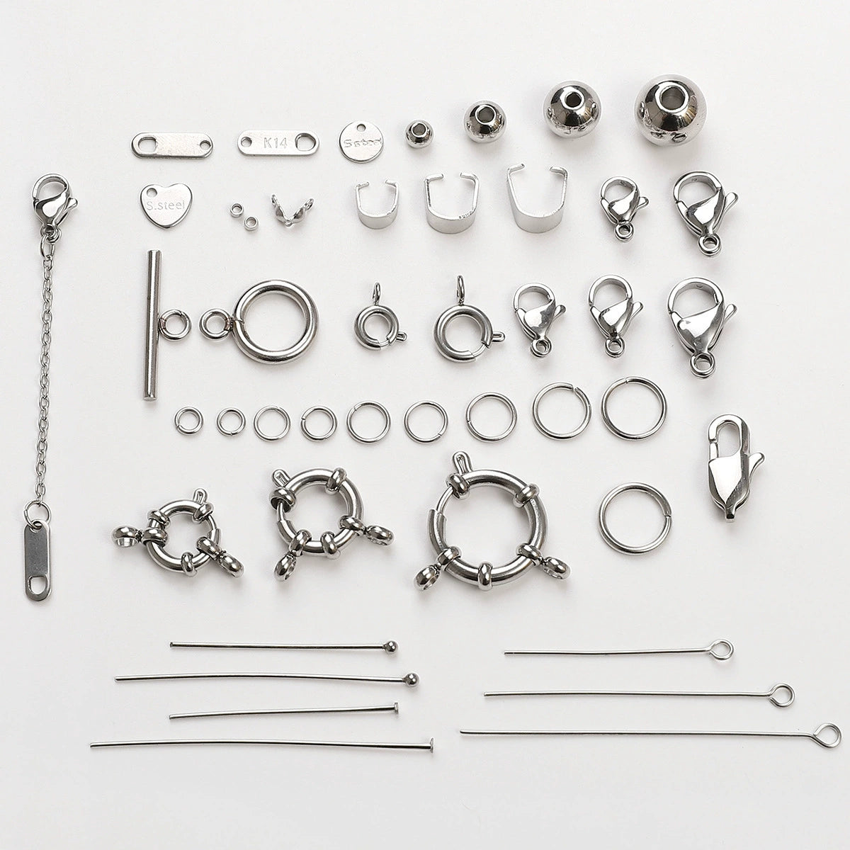 A-15 Stainless Steel Jewelry Findings: Lobster Clasps, Spring Rings, Crimp Beads & Head Pins for DIY Bracelet and Necklace Making