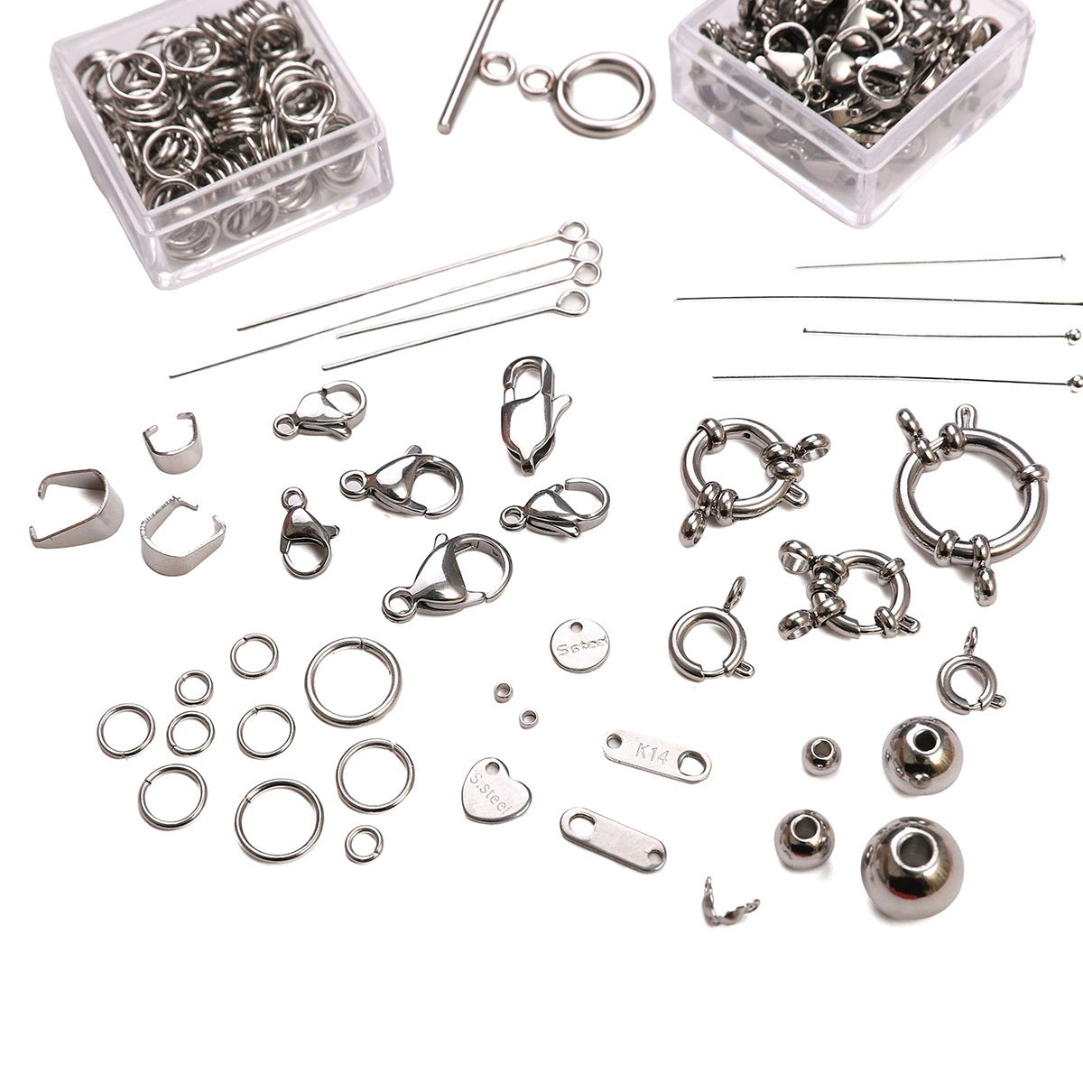 A-15 Stainless Steel Jewelry Findings: Lobster Clasps, Spring Rings, Crimp Beads & Head Pins for DIY Bracelet and Necklace Making
