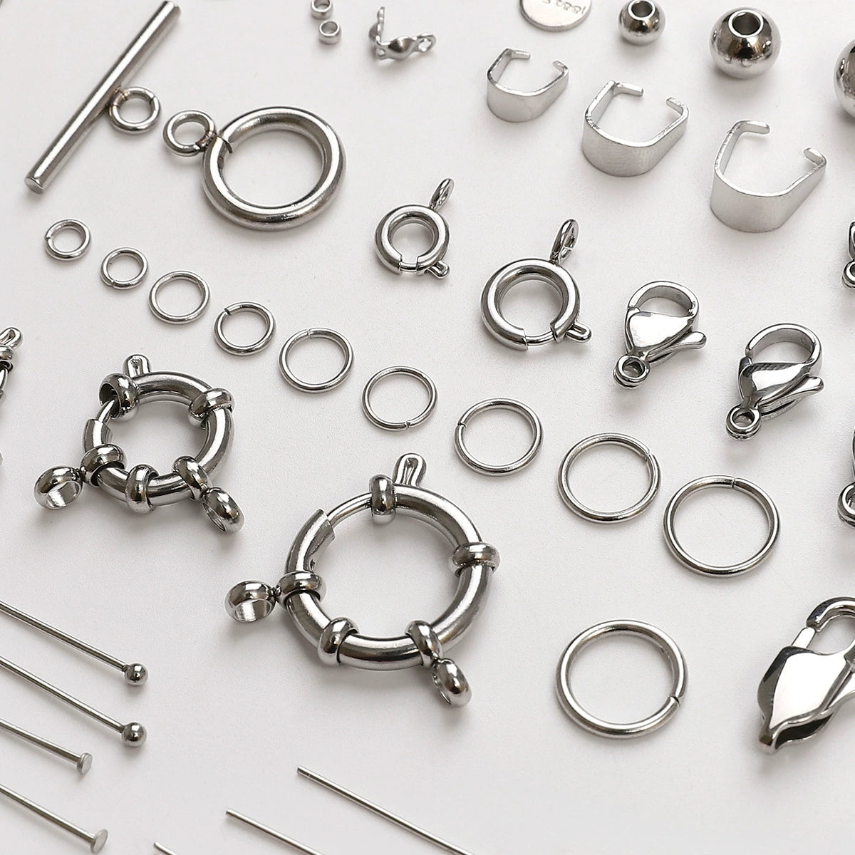 A-15 Stainless Steel Jewelry Findings: Lobster Clasps, Spring Rings, Crimp Beads & Head Pins for DIY Bracelet and Necklace Making