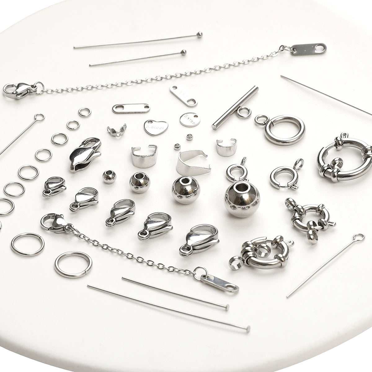 A-15 Stainless Steel Jewelry Findings: Lobster Clasps, Spring Rings, Crimp Beads & Head Pins for DIY Bracelet and Necklace Making